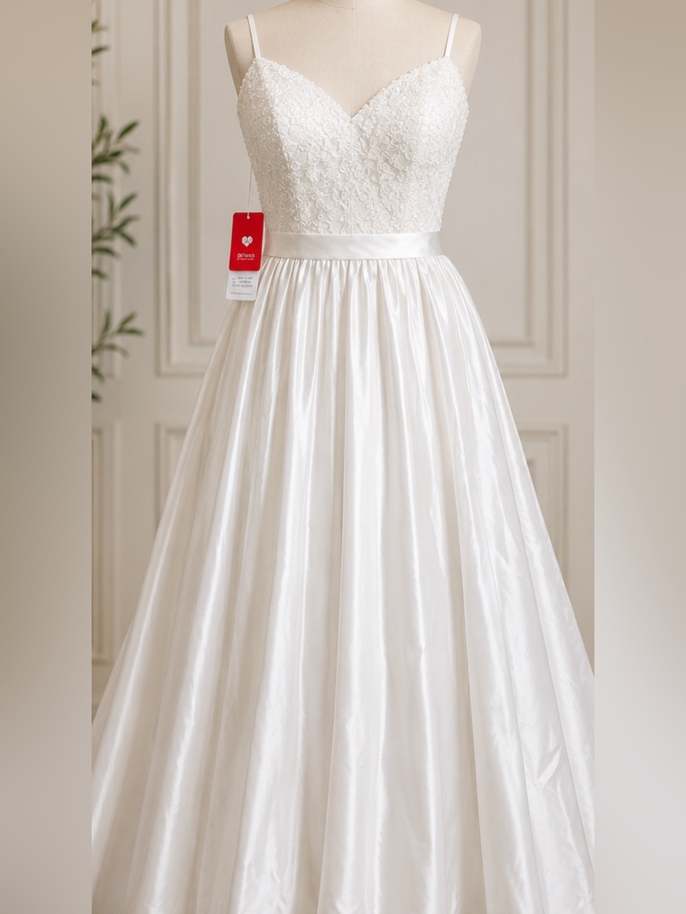 Ivory Beaded Lace Satin Bridal Dress with Spaghetti Straps